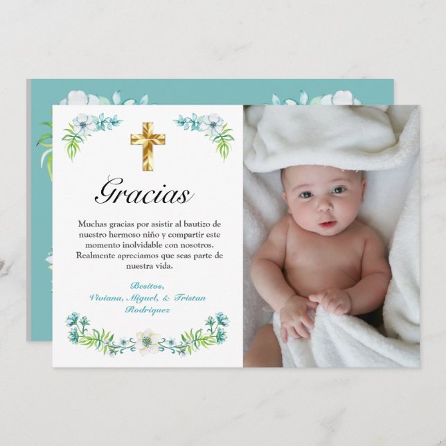Tarjeta De Agradecimiento Elegante Blue Floral Gold Cross Bautismo Español (Anverso / Reverso)