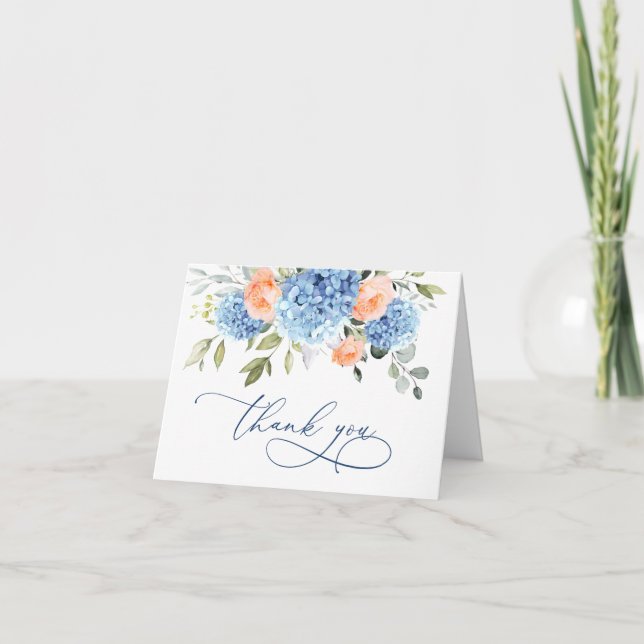 Tarjeta De Agradecimiento Elegante Blue Hydrangea Rubor Roses rosados (Anverso)