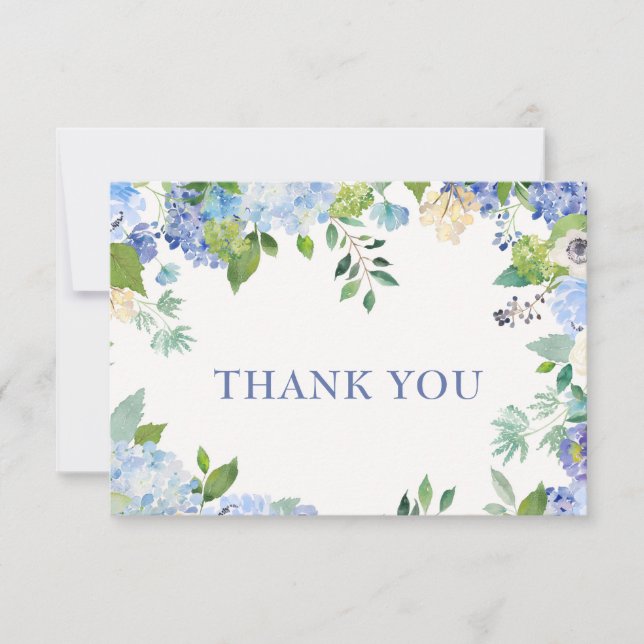 Tarjeta De Agradecimiento Elegante Blue Hydrangeas Greenery Boda Floral (Anverso)