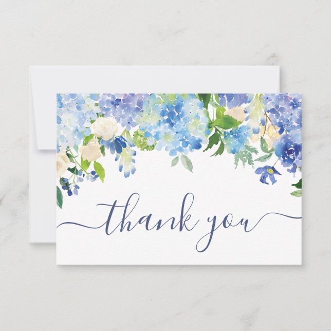 Tarjeta De Agradecimiento Elegante Blue Hydrangeas Greenery Boda Floral (Anverso)