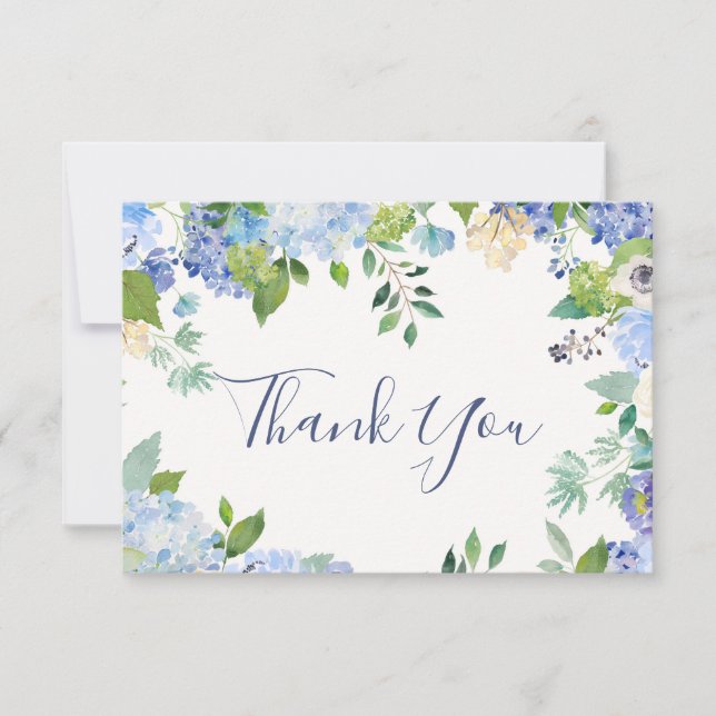 Tarjeta De Agradecimiento Elegante Blue Hydrangeas Greenery Boda Floral (Anverso)