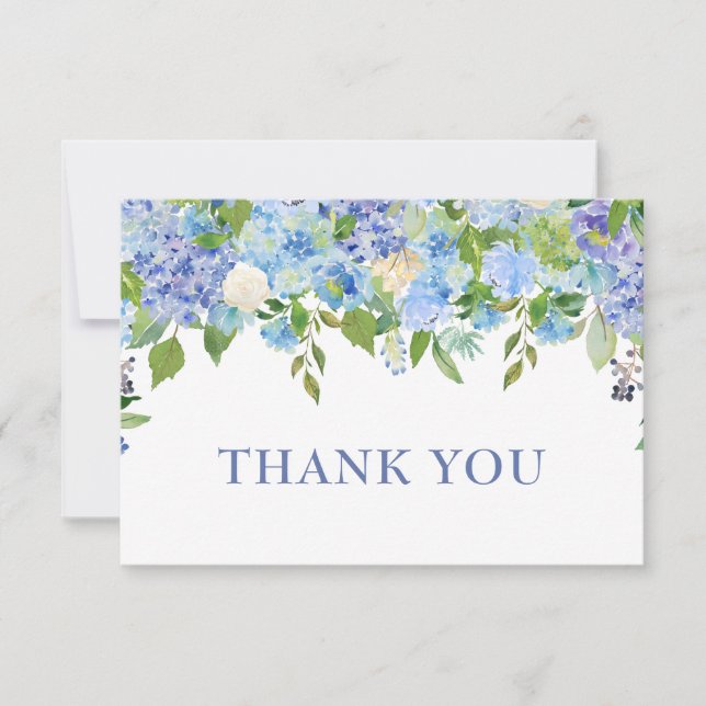 Tarjeta De Agradecimiento Elegante Blue Hydrangeas Greenery Boda Floral (Anverso)
