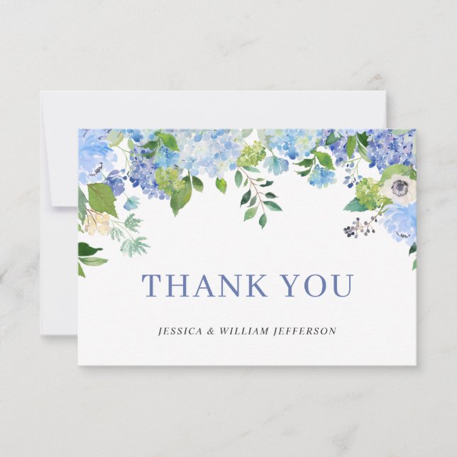 Tarjeta De Agradecimiento Elegante Blue Hydrangeas Greenery Boda Floral (Anverso)