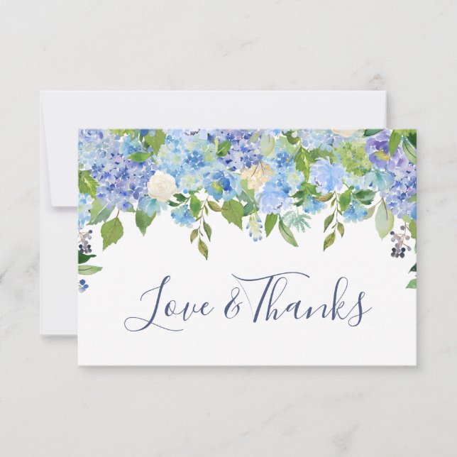 Tarjeta De Agradecimiento Elegante Blue Hydrangeas Greenery Boda Floral (Anverso)