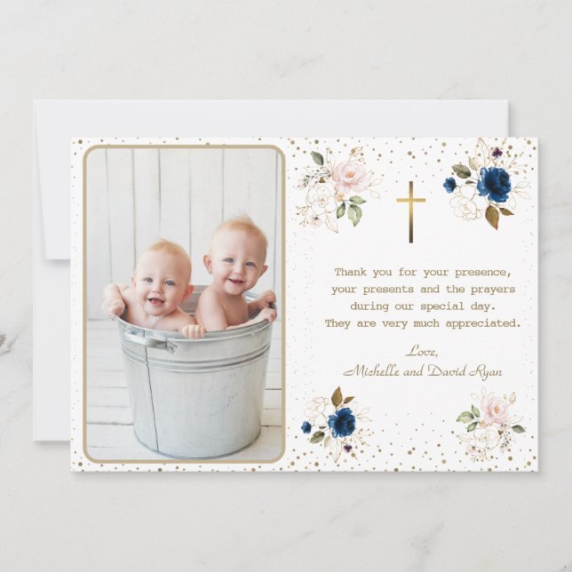 Tarjeta De Agradecimiento Elegante Blue Pink Gold Flores Twins Foto Bautismo (Anverso)