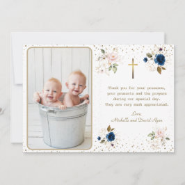 Tarjeta De Agradecimiento Elegante Blue Pink Gold Flores Twins Foto Bautismo