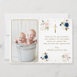 Tarjeta De Agradecimiento Elegante Blue Pink Gold Flores Twins Foto Bautismo