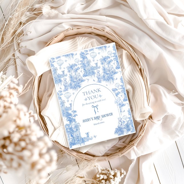 Tarjeta De Agradecimiento Elegante Blue Toile Safari Boy Baby Shower (Subido por el creador)