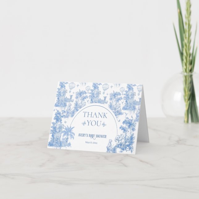 Tarjeta De Agradecimiento Elegante Blue Toile Safari Boy Baby Shower (Anverso)