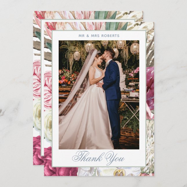 Tarjeta De Agradecimiento Elegante Boda acuático Boho Floral (Anverso / Reverso)