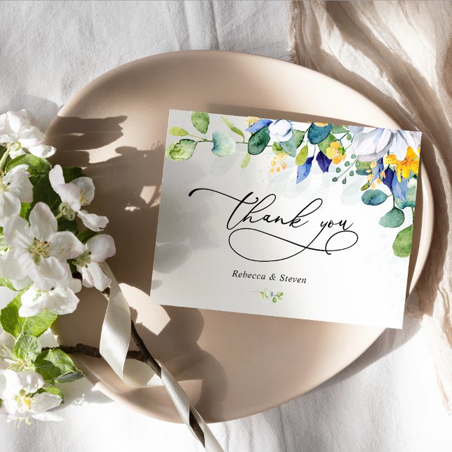 Tarjeta De Agradecimiento Elegante boda azul blanco amarillo floral (Subido por el creador)