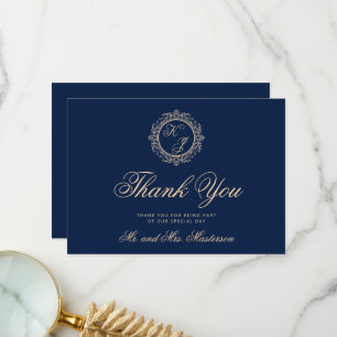 Tarjeta De Agradecimiento Elegante Boda azul de la marina de oro de lujo