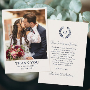 Tarjeta De Agradecimiento Elegante Boda azul de la marina fotográfica monogr