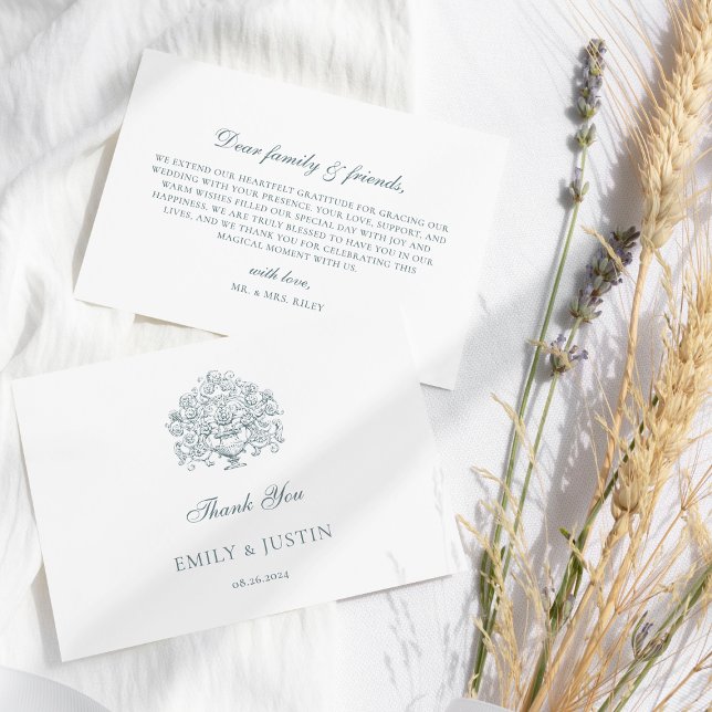 Tarjeta De Agradecimiento Elegante Boda barroco azul turbio (Subido por el creador)