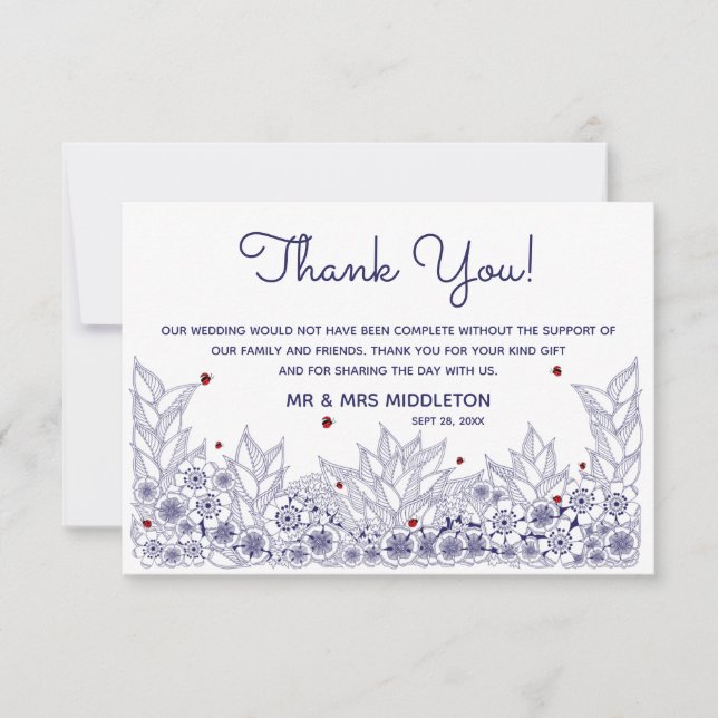 Tarjeta De Agradecimiento Elegante Boda blanco azul (Anverso)