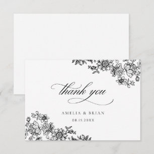 Tarjeta De Agradecimiento Elegante Boda blanco negro floral vintage