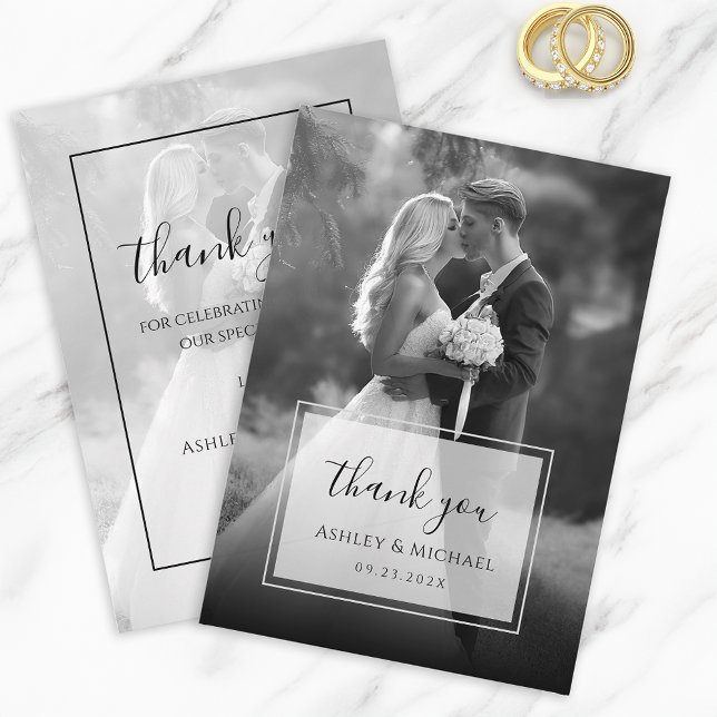 Tarjeta De Agradecimiento Elegante Boda blanco y negro foto guión moderno (Subido por el creador)