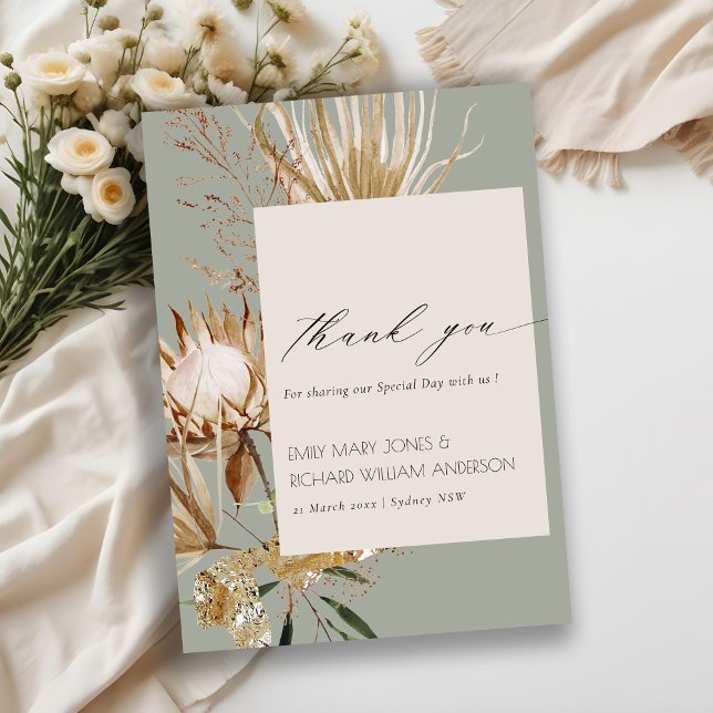 Tarjeta De Agradecimiento Elegante Boda Boho Protea Dried Palm Floral (Subido por el creador)