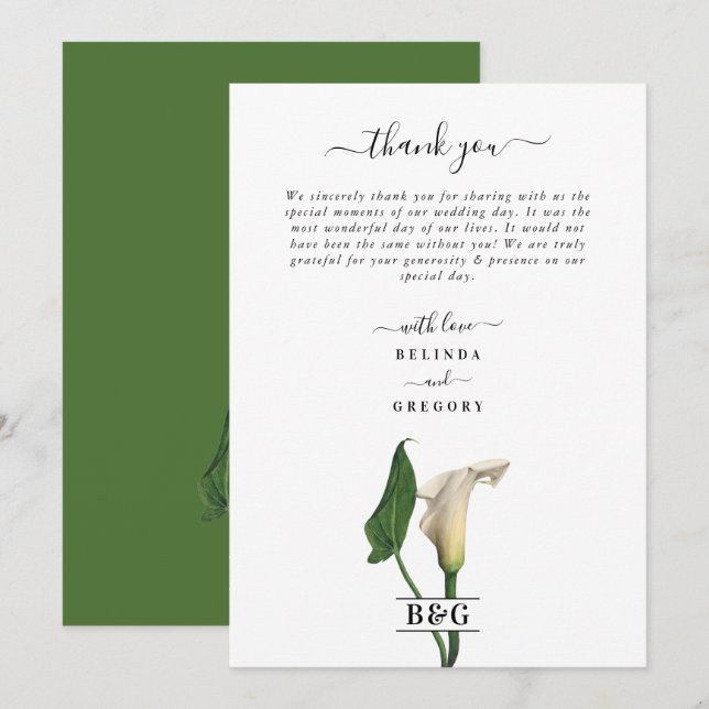 Tarjeta De Agradecimiento Elegante Boda botánico de Calla Blanca Lily Green (Anverso / Reverso)