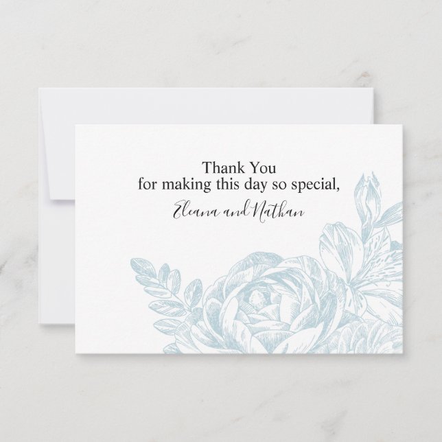 Tarjeta De Agradecimiento Elegante Boda Botánico Floral Blanco Azul (Anverso)