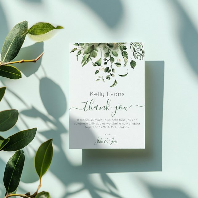 Tarjeta De Agradecimiento Elegante Boda Botánico Verde Gracias (Wedding photo, green leaves wedding thank you card)