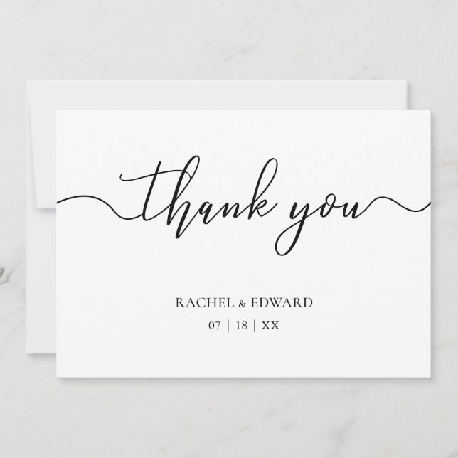 Tarjeta De Agradecimiento Elegante Boda con Letra Script en Blanco y Negro (Anverso)