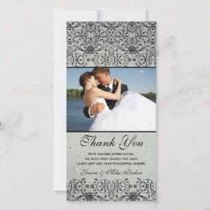 Tarjeta De Agradecimiento Elegante boda damasco negro de plata gracias