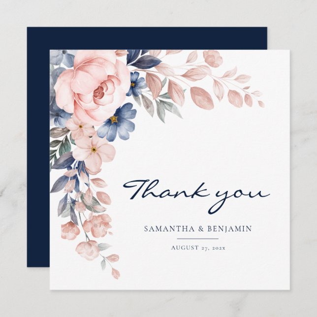 Tarjeta De Agradecimiento Elegante Boda de acuarela azul rosa floral (Anverso / Reverso)