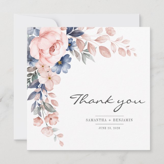 Tarjeta De Agradecimiento Elegante Boda de acuarela azul rosa floral (Anverso)