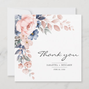 Tarjeta De Agradecimiento Elegante Boda de acuarela azul rosa floral