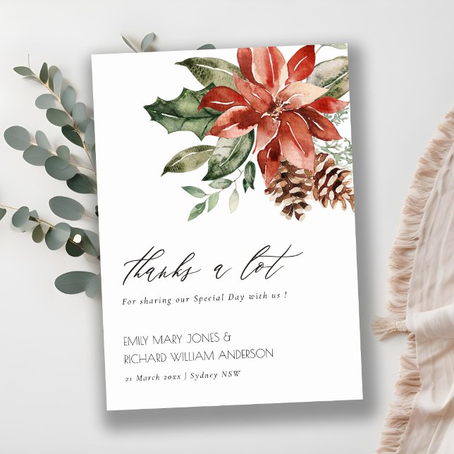 Tarjeta De Agradecimiento Elegante Boda de acuarela de pino de Poinsettia (Subido por el creador)