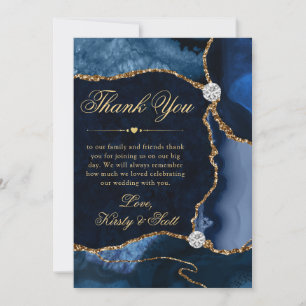Tarjeta De Agradecimiento Elegante boda de ágata con brillo azul y dorado