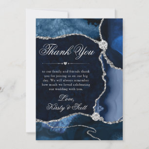 Tarjeta De Agradecimiento Elegante boda de ágata con brillo azul y plata