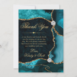 Tarjeta De Agradecimiento Elegante boda de ágata con brillo de oro y turques