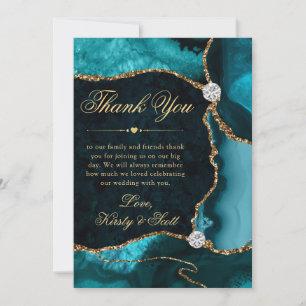 Tarjeta De Agradecimiento Elegante boda de ágata con brillo de oro y turques