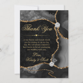 Tarjeta De Agradecimiento Elegante boda de ágata con brillo negro y dorado