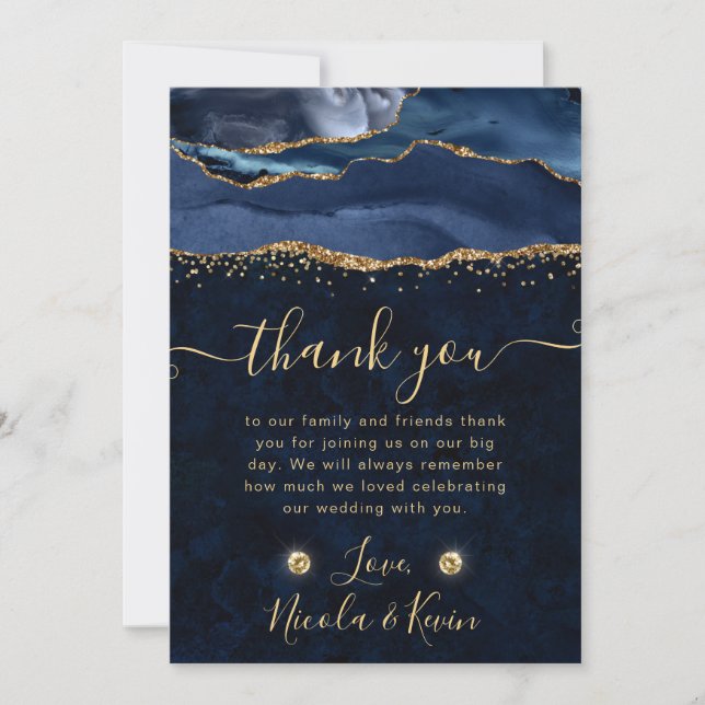 Tarjeta De Agradecimiento Elegante Boda de Agate Purpurina Azul y Oro (Anverso)