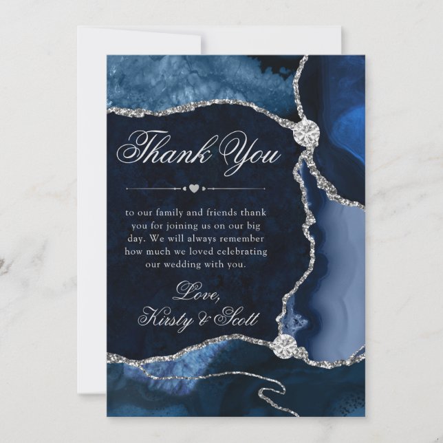 Tarjeta De Agradecimiento Elegante Boda de Agate Purpurina Azul y Plata (Anverso)