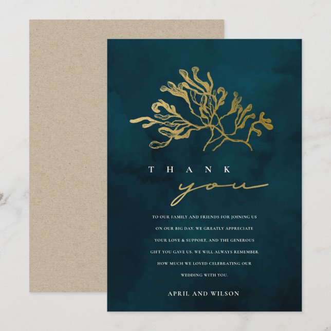 TARJETA DE AGRADECIMIENTO ELEGANTE BODA DE AGUA SUBMARINA DE ORO NAVY (Anverso / Reverso)