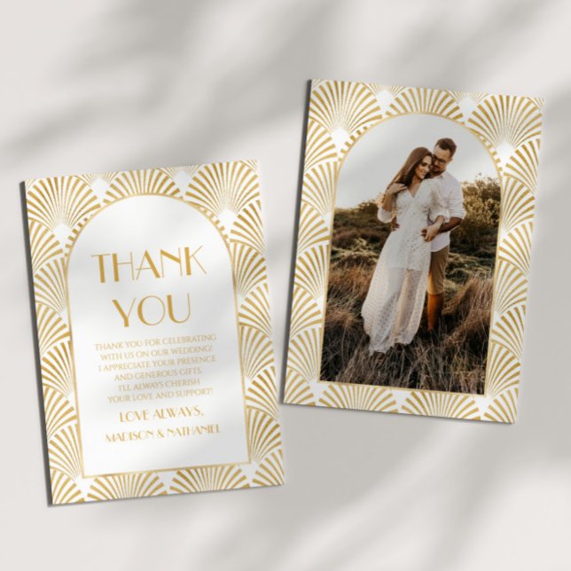Tarjeta De Agradecimiento Elegante Boda de Art Deco Blanco y Blanco (Subido por el creador)