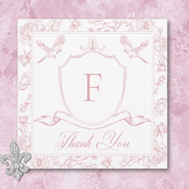 Tarjeta De Agradecimiento Elegante Boda de Aves y Escudos Chino (Elegant Pink Chinoiserie Bird & Crest Wedding Thank You Card)