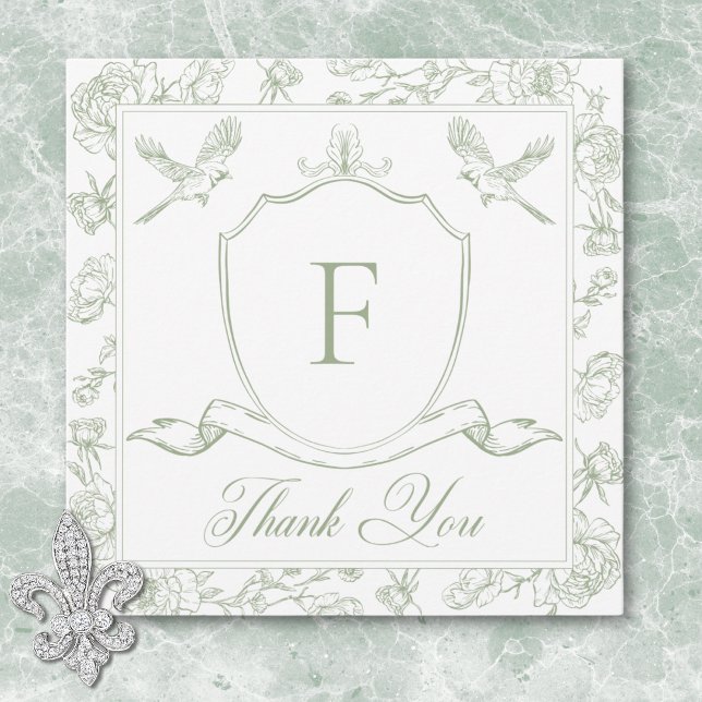 Tarjeta De Agradecimiento Elegante Boda de Aves y Escudos de Chinoiserie ver (Elegant Green Chinoiserie Bird & Crest Wedding Thank You Card)