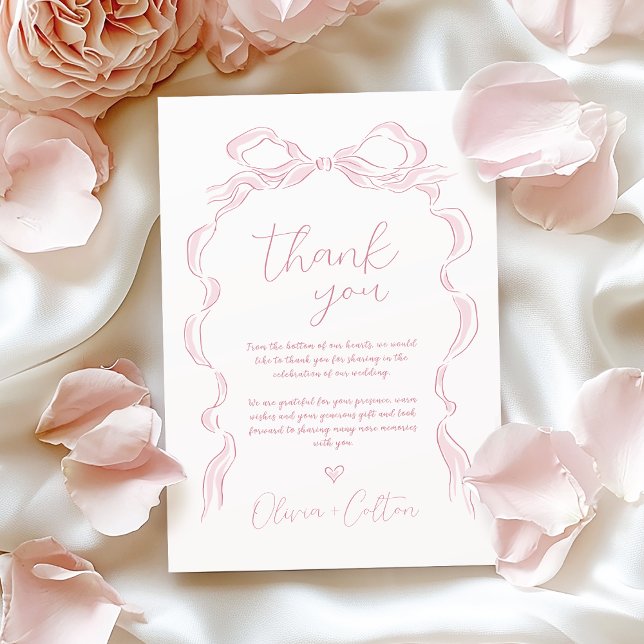 Tarjeta De Agradecimiento Elegante Boda de barniz rosa de mano rosada pastel (Elegant Pastel Pink Hand Drawn Bow Wedding Thank You Card)