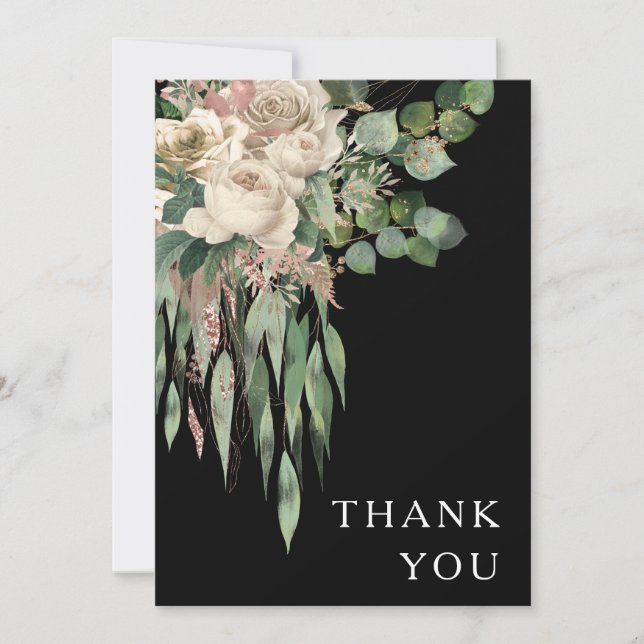 Tarjeta De Agradecimiento Elegante Boda de Black Floral Peonies (Anverso)