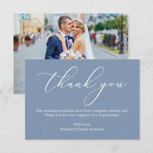 Tarjeta De Agradecimiento Elegante Boda de caligrafía foto Dusty Blue (Anverso / Reverso)