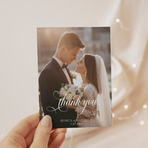 Tarjeta De Agradecimiento Elegante Boda de caligrafía fotográfica Gracias