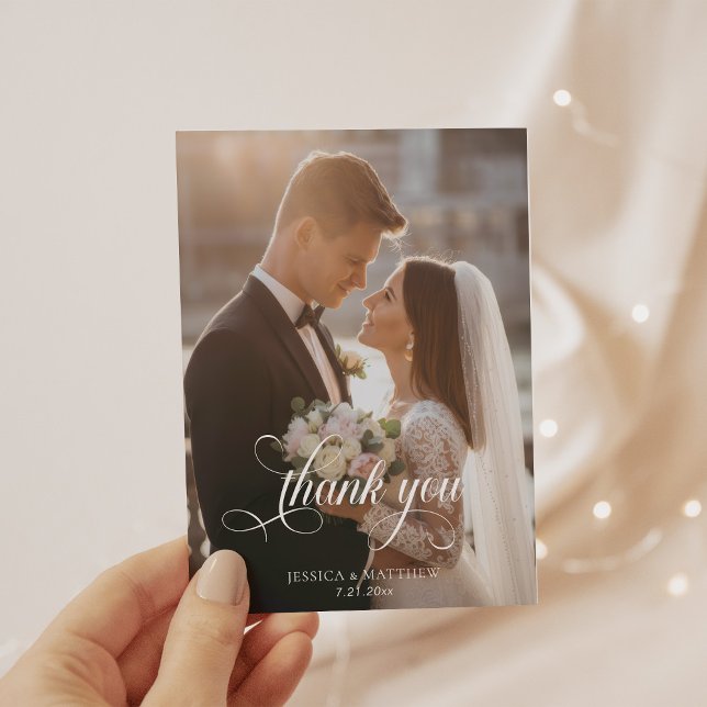 Tarjeta De Agradecimiento Elegante Boda de caligrafía fotográfica Gracias (Subido por el creador)
