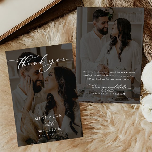 Tarjeta De Agradecimiento Elegante Boda de caligrafía moderna de 2 fotografí (Subido por el creador)