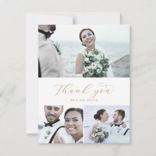 Tarjeta De Agradecimiento Elegante Boda de Collage de fotos Gold Script 3