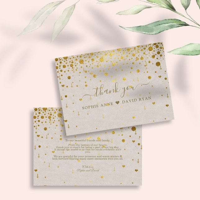 Tarjeta De Agradecimiento Elegante Boda de Confetti de Oro de Cuero Blanco (wedding thank you, elegant trendy wedding gold thank you, modern confetti leather wedding)